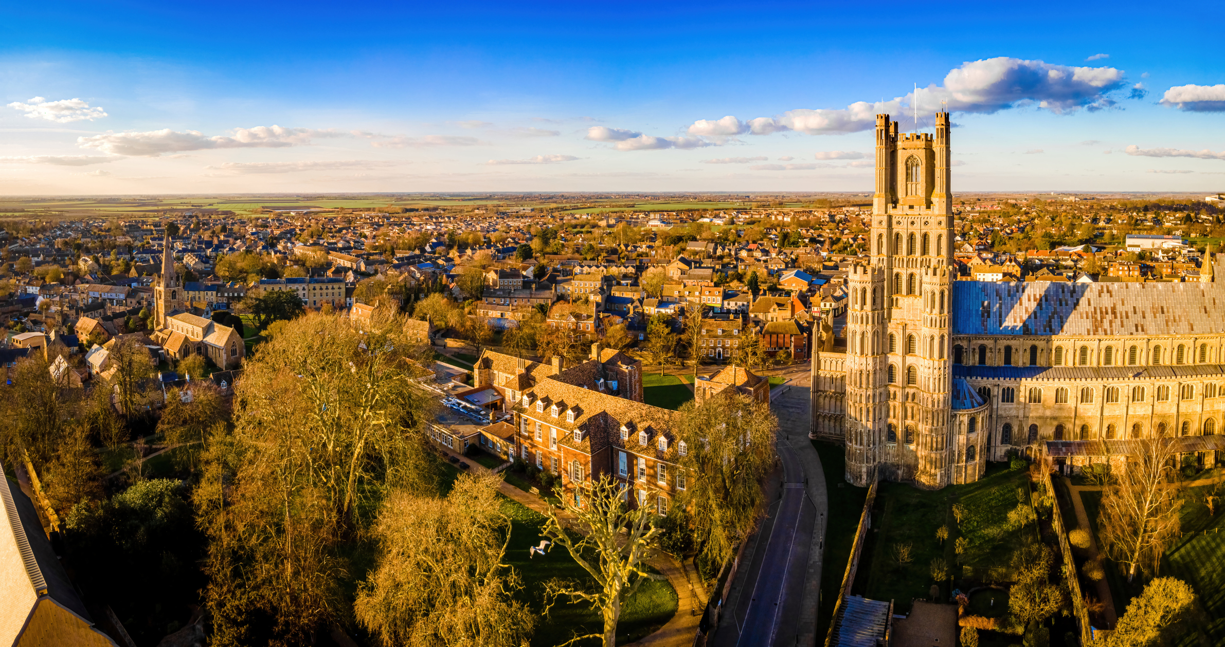 The aerial view of cathedral of Ely, a city in Cambridgeshire, England, UK