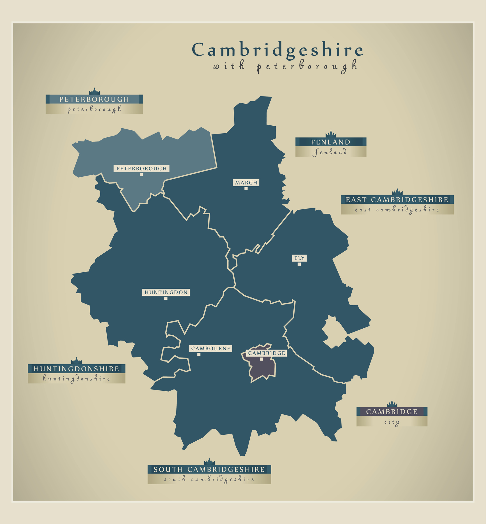 Modern Map - Cambridgeshire with Peterborough labels UK